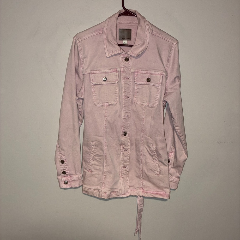 Maurices Pink Denim Trucker Jacket Women's Size L Snap Button Drawstring Hem